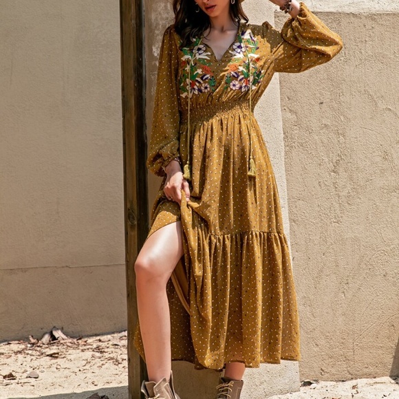 Boho Embroidered Floral Polka Dot Ruffle Dress - Picture 10 of 15